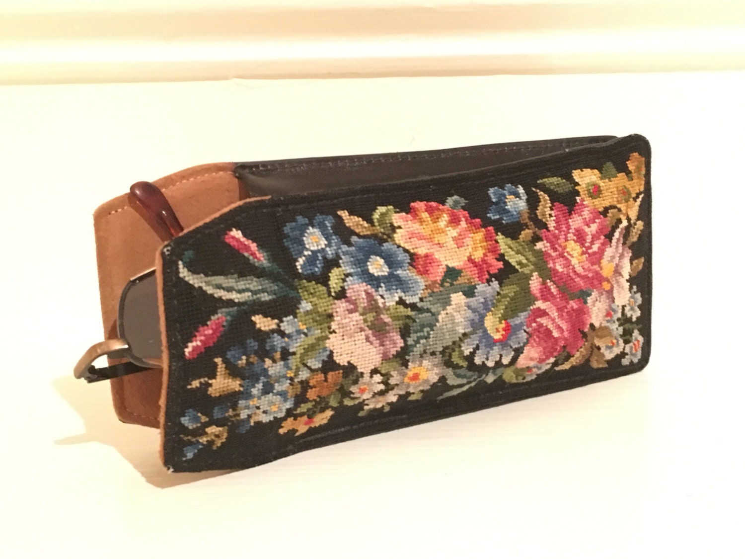 Vintage Petit Point Eyeglass Case Floral Needlepoint Eyeglass
