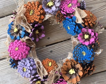 Wreath - Pine Cone Zinnia Wreath - Pine Cone Flower Wreath - Zinnia Door Hanger - Pine Cone Wreath