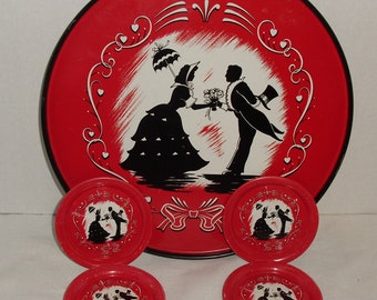 Vintage Round Tin Tray with Four Coasters