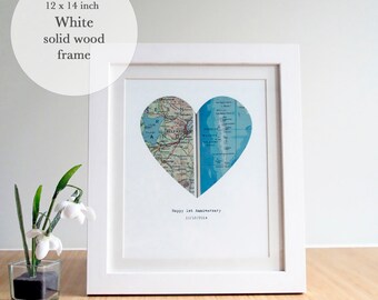 Heart Map Art, Map Heart, Heart Map Print,Personalized Map Framed, Personalized Map Gift,New Home Map Gift, White Wood Framed,14 x 12 inches