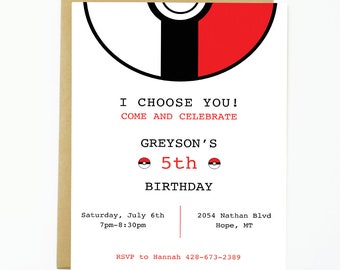 Pokemon Birthday Party Invitation, Poke Ball Invitation, Pikachu Invitation, Simple Pokemon Invitation, Printable or Printed 5x7"