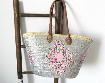 Basket wicker and silver sequin/glitter Beach Tote