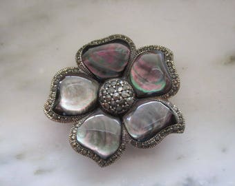 Vintage Sterling Silver Abalone & Marcasite Flower Pin or Brooch