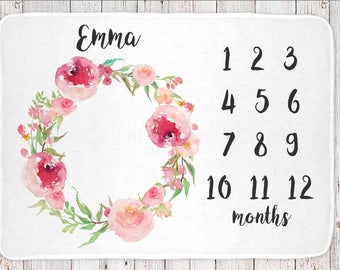 Monthly milestone baby blanket personalized, girls shabby floral print (BB108)