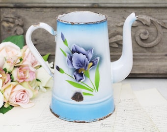 Vintage French Pretty Floral Iris Enamel Coffee Pot - Shabby Chic