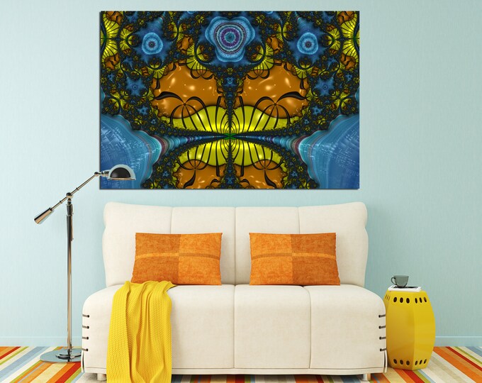 Large blue and orange fractal canvas wall art, blue and orange abstract wall decor, abstract blue art, blue modern art