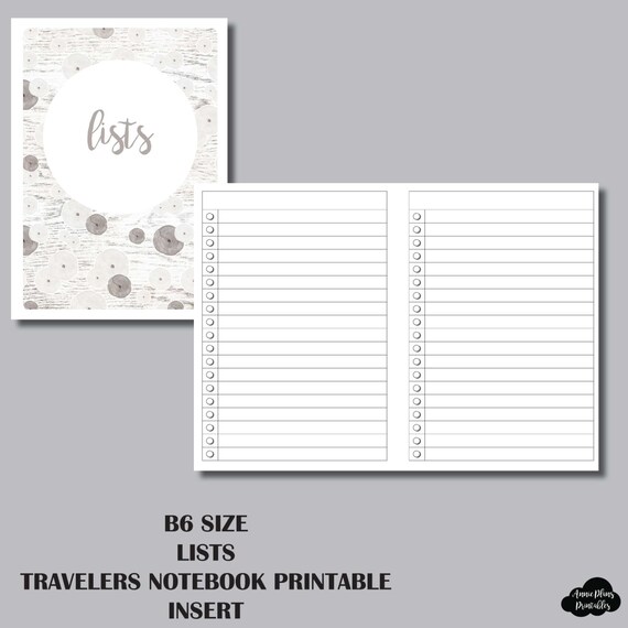 B6 SIZED LISTS Travelers Notebook Insert