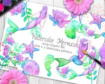 Watercolor mermaid clipart, watercolor mermaid illustration, seahorse, starfish, waterlily, seamless pattern, pattern tile in png
