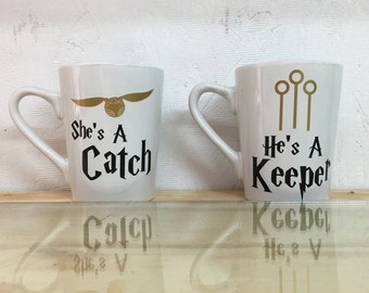 Harry Potter Mug Set | She's a catch Mug | He's a keeper Mug | Harry Potter couples mug set