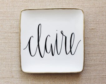 Modern Calligraphy Name Ring Dish with Gold Rim