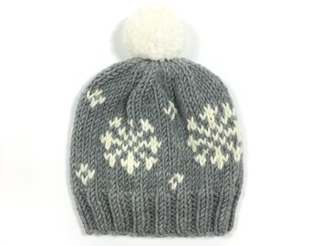 knit winter fair isle pattern pompom hat beanie toque men women unisex wool // The Snowflake Hat