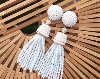 The Coquina - 3.5 Inch White Beaded Tassel Earrings by St. Armands Designs - Ships Immediately from Sunny Florida!