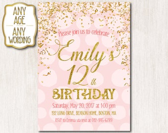 12th Birthday invitation, Pink and Gold Birthday, Invitation card, Teens Invitation, Pink Gold Confetti, Girl Birthday, ANY AGE - 1525
