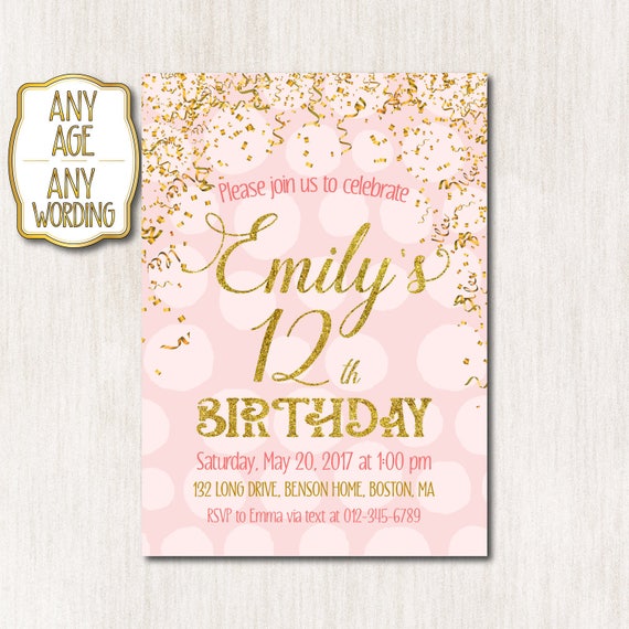 12th Birthday invitation Pink and Gold Birthday Invitation