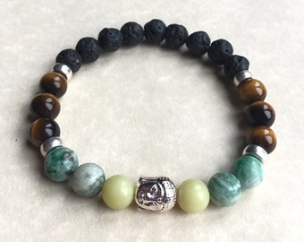 Mens lava rock bracelet,tigers eye,lemon jade,green jade,skull,unisex,womens,gemstone bracelet,healing crystals,mens gifts,spiritual,reiki
