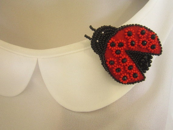 Ladybug Beaded Brooch Red Handcrafted Lady Cow Ladybug Jewelry 8768