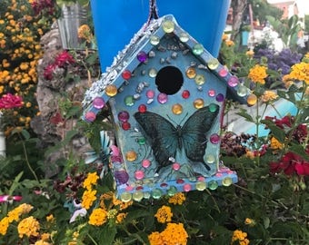 Colorful Birdhouse.Unique Butterfly Birdhouse.Flower Birdhous. Rhinestone BirdHouse. Garden Decor. Art Decor.outdoor decor.Gift Iseas