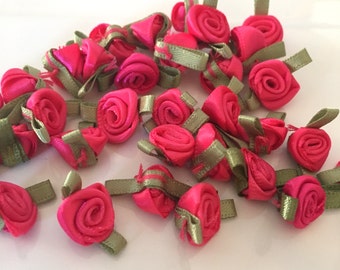 20, hot pink ribbon roses, satin ribbon roses, hot pink satin roses, sew on flowers, small ribbon roses, pink ribbon flowers, flower roses