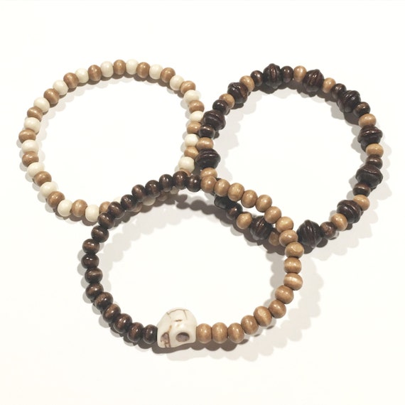 Wooden Beaded bracelets | Brown | Tan | Men's | Unisex | Bracelet | Skull