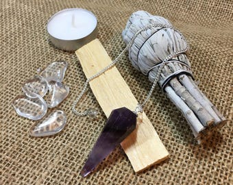 Amethyst Pendulum with White California Sage, Palo Santo Wood, Clear Quartz Crystals, Pendulum Chart, + Instructions