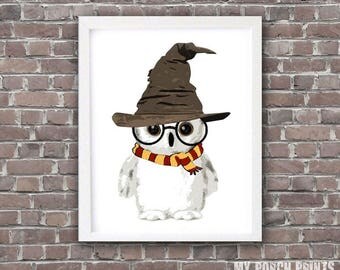 Wizard, Baby, Owl, Nursery Art, baby shower gift, nursery decor, nursery wall art, nursery woodland, wizard hat, wizard wand, gift idea, art