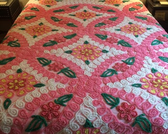 50's vintage chenille bedspread with pink flowers and sparkly detail