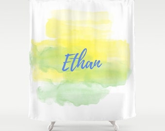 Shower Curtain, Yellow and Green, Bathroom Decor, Personalized Name, Custom Name, Blue Type, Watercolor Design, Gender Neutral, Boys Bath