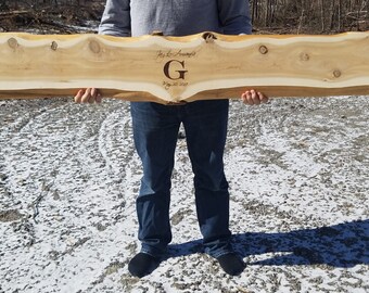 Personalized Wedding Guest Book Wood Slab Woodburned Handcrafted Customized Wood Signs ( Cedar w/ Live Edge )