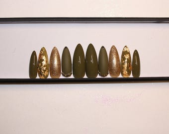 Army Green and gold press on nails