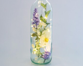 Bottle Lamp, Fairy Lights, Terrarium, Bottle of Nature, Lavender Gift, Artificial Cosmos, Floral Gifts, Flower Arrangements, Whimsical Gifts
