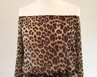 Leopard Print Chiffon Brown Top with Waterfall Sleeves/ Off the shoulder top/On the shoulder top/Retro Top/ UK Size 12-14/ 1990s Top
