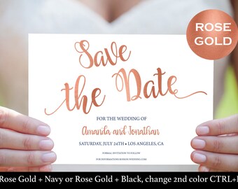 Rose Gold Save The Date Cards - Faux Foil Save The Date Template - Save The Date Rose Gold Foil Printable - Downloadable wedding #WDH764190