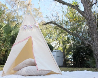 Teepee - play tent - kids teepee - pompom - canvas - childrens gift - tipi - play house -pet teepee -dog teepee -pet tent -photoshoot prop