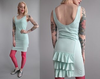 Vtg 80s GITANO Seafoam Bodycon Mini Dress w/ Ruffles sz XS/S