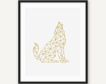 Gold Geometric Wolf Print, Golden Geometry Wall Art, Triangle Animal Poster, Scandinavian Nordic Decor, Printable Digital Art, Abstract Wolf
