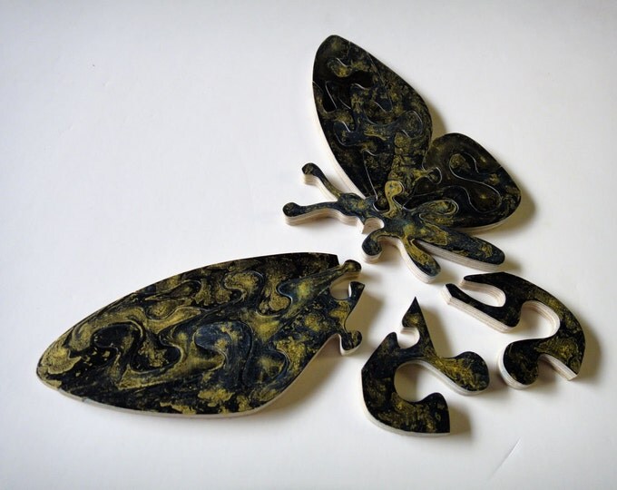 Puzzle Butterfly - black & gold, stylish wooden hand-cut, acrylic on wood pieces, ready to hang, Puzzle-Art by Samo Svete