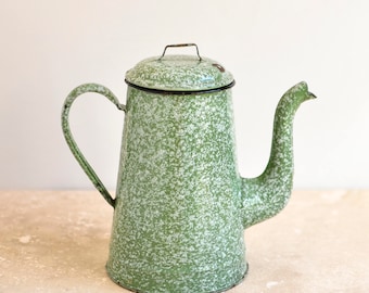 Green and White French Enamel Coffee Pot, Enamel Coffee Pot, French Vintage, French Enamelware, French Coffee Pot, Graniteware, Enamelware