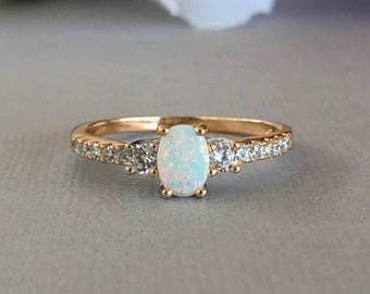 14K Rose Gold Oval White Fire Opal Simulated Diamond Stones Sterling Silver Engagement Promise Ring, Women's White Fire Opal Ring