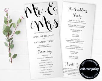 Mr and Mrs Wedding Program Template - Tea Length Program Template - Order of Service Wedding Ceremony Program - Mr and Mrs Program Template