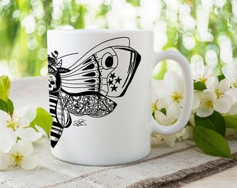 Zentangle Wrap Around Mug, Steampunk Butterfly Cup, Alternative Bee Mug, Fiona Fletcher Designs, Hand Drawn, Alternative Gift Ideas, For Her