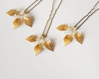 Gold Leaf Bridal Hair Pin Wedding Hair Pins Set of 3 Crystal Hair pin Bridal Hair Piece Gold Hair Pins Wedding bobby pins Leaf Hair Pin