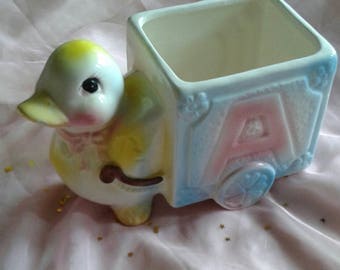 Vintage kitschy cute ducky baby planter with letters