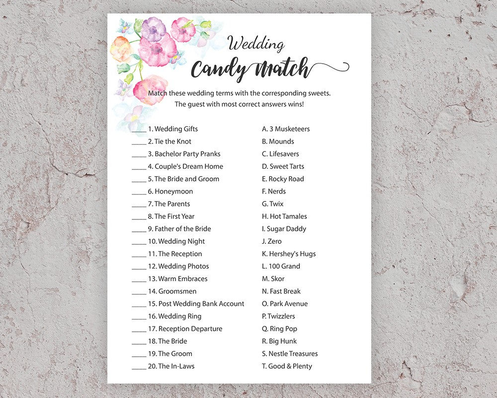 Wedding Candy Match Bridal Shower Games Candy Game Candy