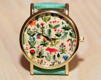 Watch forest, watch animals, women's watches, fairy tale watch , children watch, red watch, black watch, watches turquoise, flower clock