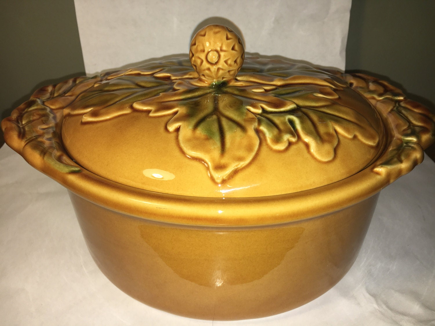 Vintage Casserole Dish Yellow Mustard Dish Ceramic Oak Leaf Acorn Theme Serving Dish Embossed