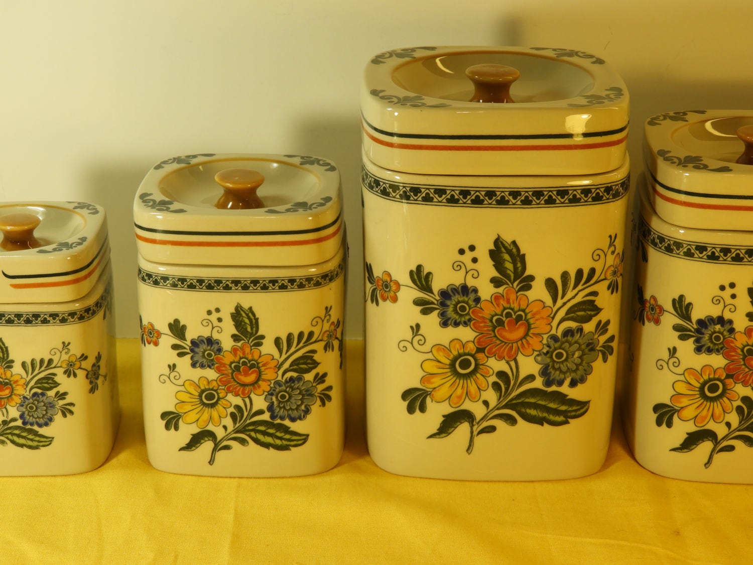 Vintage Stoneware Canister Set (4), Yellow Green Decorative Kitchen