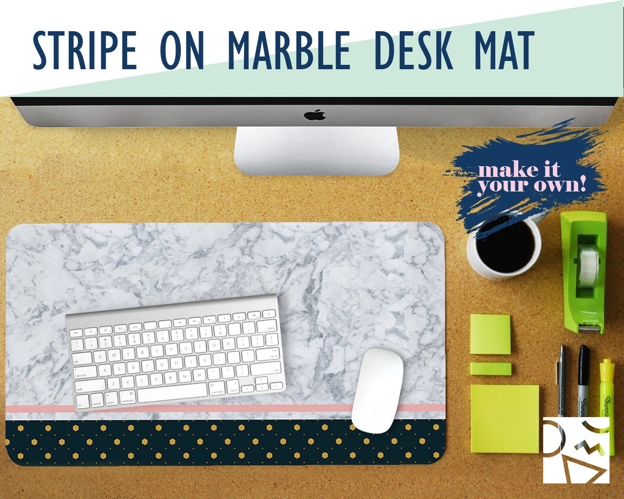 Stripe on Marble Print Desk Mat Optional Monogram 2 Sizes