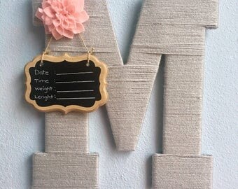 Baby Girl Birth Announcement Hospital Door Hanger Yarn Wrapped Wooden Letter/Nursery Room Decor