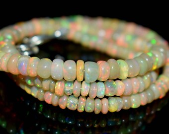 45.00 Carat 100% Natural Ethiopian Welo Fire Beautiful Gorgeous White Opal Round Beads Necklace MM SIZE 4 To 5 (AB-0331)