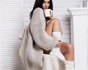 chunky oversized cardigan, grey/beige alpaka cardigan, hand knit slouchy cardigan